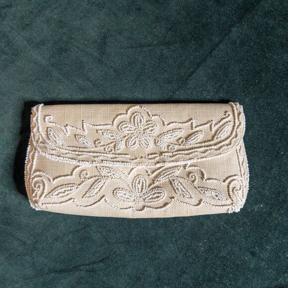 Vintage Cream Hand-Beaded Clutch | Lucille Smith Ltd Bermuda | Made in France - Picture 1 of 9